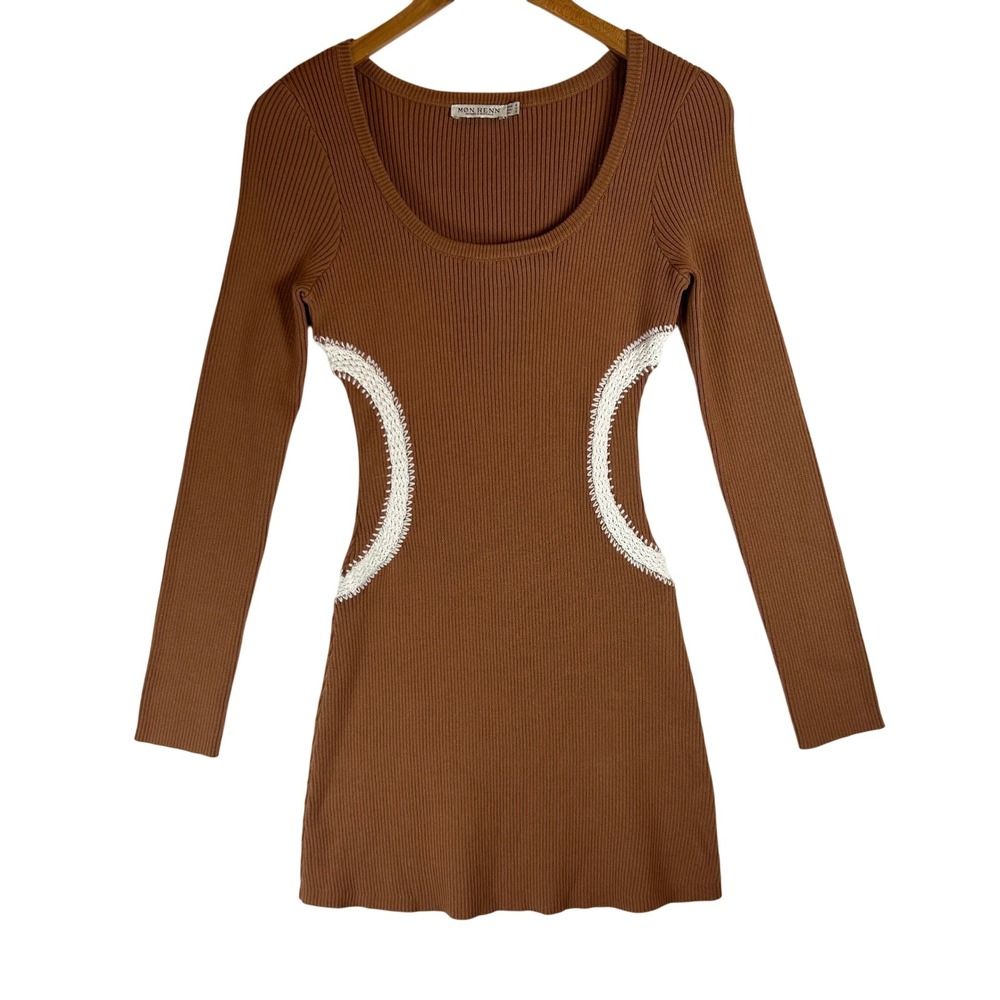 Mon Renn Brown Ribbed Knit Mini Dress Long Sleeve Crochet Trim Detail Small